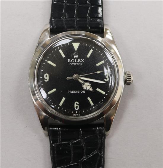 A gentlemans 1960s stainless steel Rolex Oyster Precision manual wind wrist watch, model no. 6424, serial no. 919986